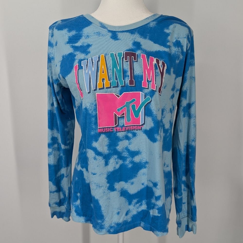 MTV I Want My MTV 80s Throwback Blue Tie Dye Long Sleeve Tee T-Shirt Large L